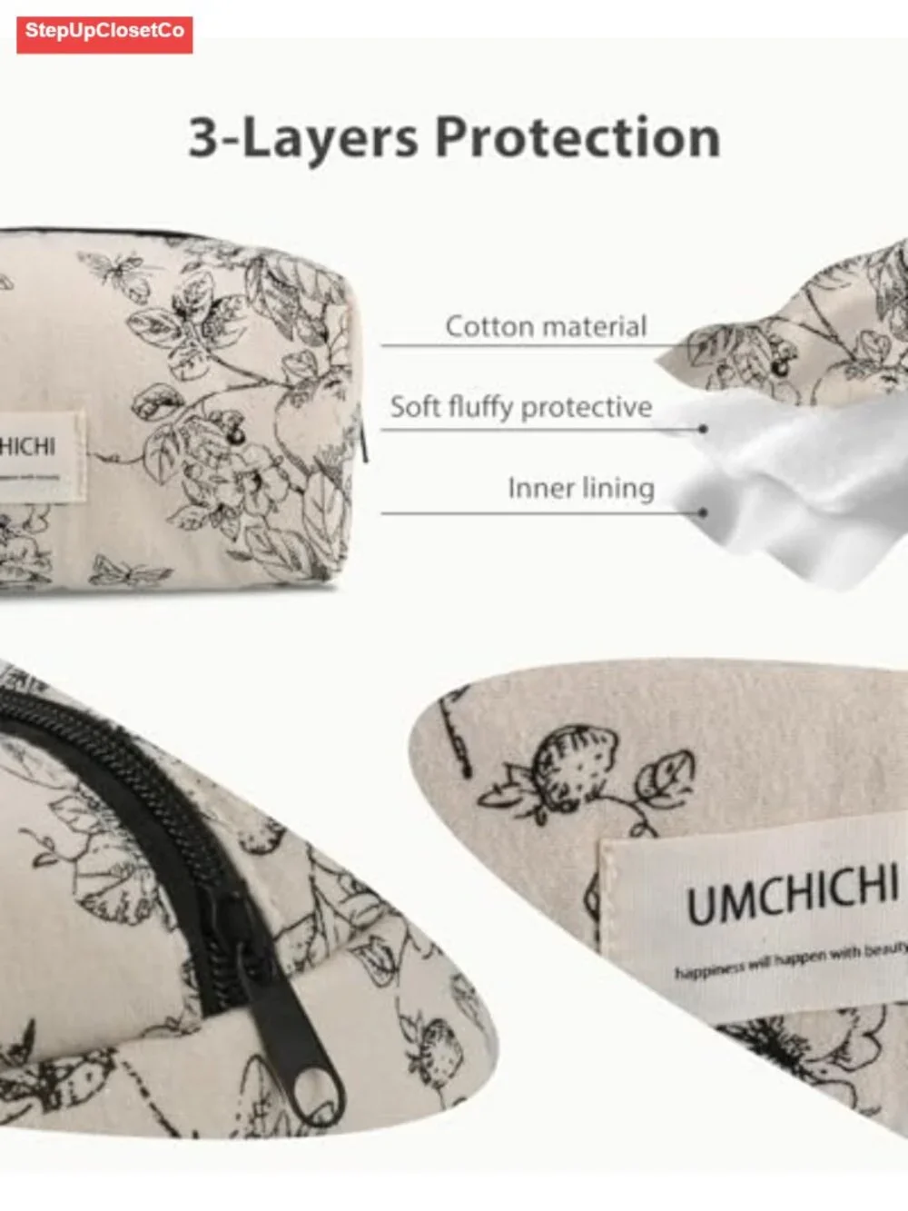 Quilted Cotton Makeup Bag, Vintage Floral Cosmetic Organizer, Travel Toiletry